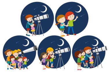 Gece çizimlerinde teleskopla bakan bir grup çocuk.