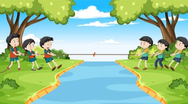 Çocuklar birlikte ip çekme oyunu oynuyor.