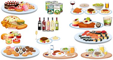 Farklı yiyecek ve içecek örnekleri seti