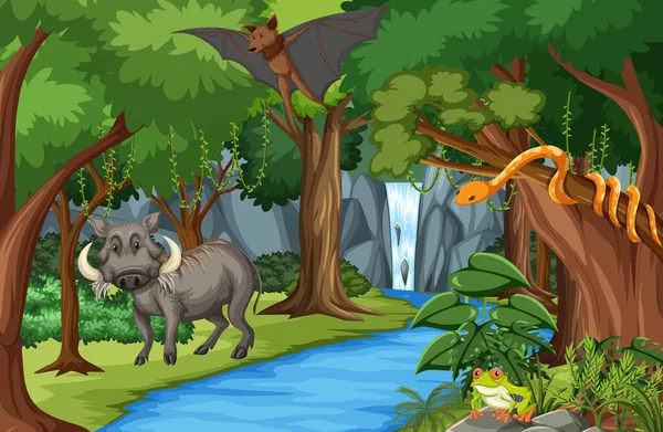 Vahşi hayvanlar, orman sahnesindeki çizgi film karakterleri.