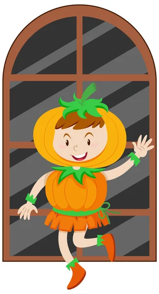 Girl Wearing Pumpkin Costume Halloween Illustration — Stock Vector