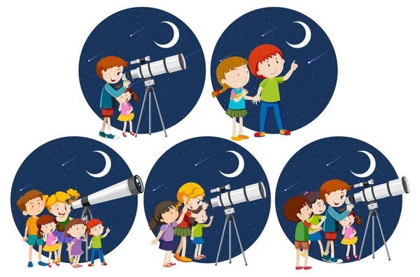 Gece çizimlerinde teleskopla bakan bir grup çocuk.