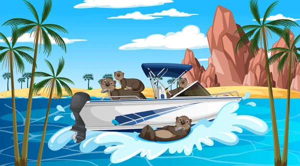 Ocean Scene Group Otters Speedboat Illustration — Stock Vector