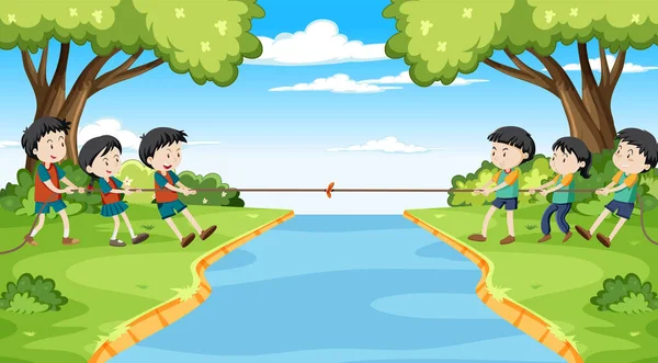 Çocuklar birlikte ip çekme oyunu oynuyor.