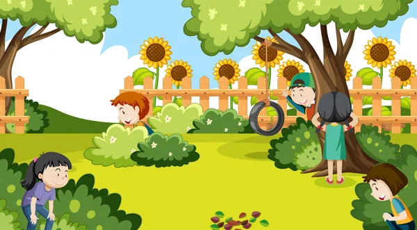 Children Playing Hide Seek Park Illustration — Vector de stock
