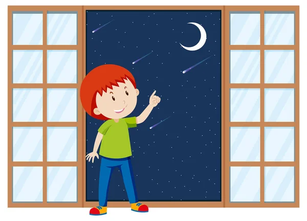 Ragazzo Che Punta Dito Verso Illustrazione Della Luna — Vettoriale Stock