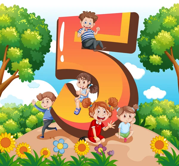 Five Kids Number Five Cartoon Illustration — ストックベクタ