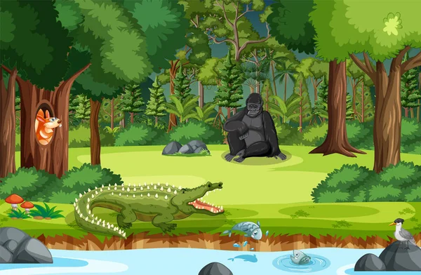 Vahşi hayvanlar illüstrasyon ile orman sahne