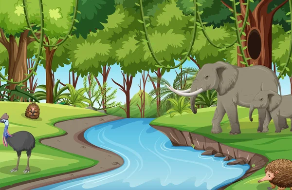 漫画風のイラストで象と川の森のシーン — ストックベクタ