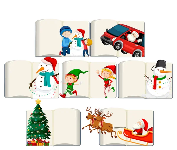 Set Diversi Libri Vuoti Aperti Con Illustrazione Babbo Natale — Vettoriale Stock