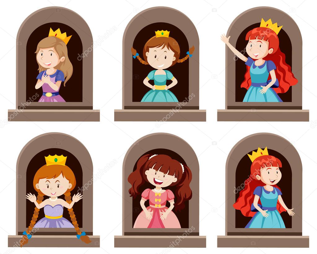 A set of Fantasy princess character by the window on white background illustration
