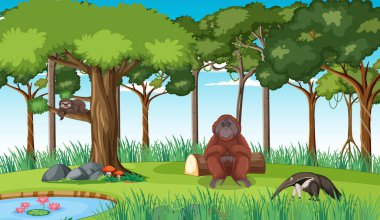 Vahşi hayvanlar illüstrasyon ile orman sahne