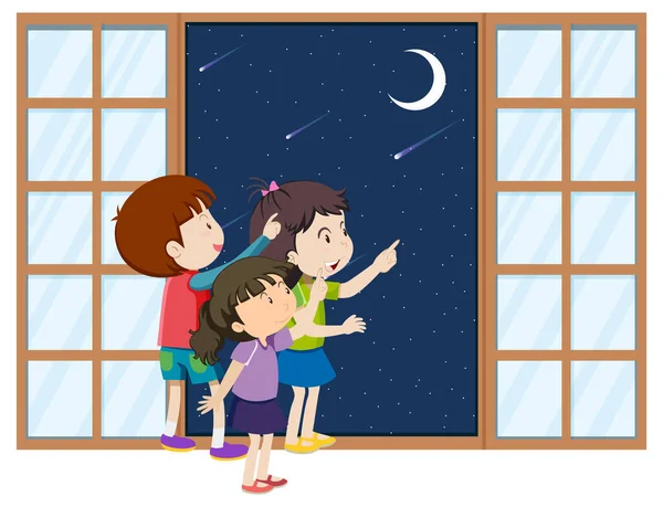 两个孩子站在窗前 看着月球图解 — 图库矢量图片