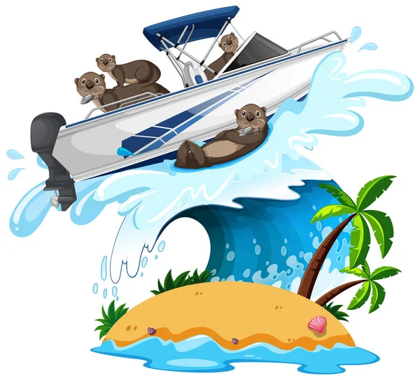 Groep Otters Speedboot Illustratie — Stockvector