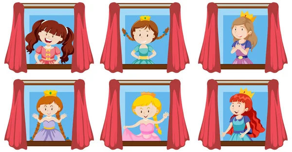 Conjunto Princesas Pela Ilustração Janela —  Vetores de Stock