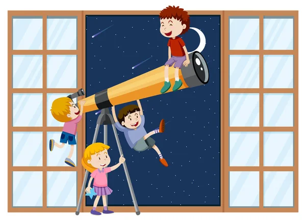 快乐的孩子们用望远镜图解观察夜空 — 图库矢量图片