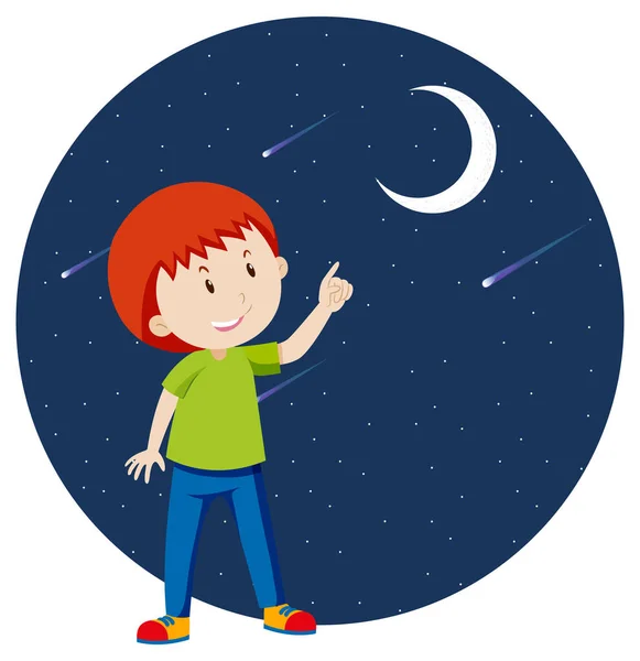 Boy Pointing Finger Moon Illustration — ストックベクタ