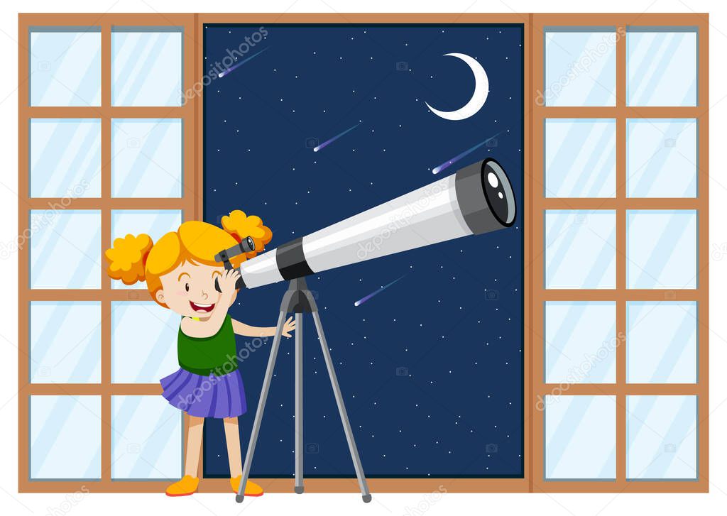 A girl observe night sky with telescope illustration