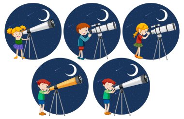 Gece çizimlerinde teleskopla bakan bir grup çocuk.