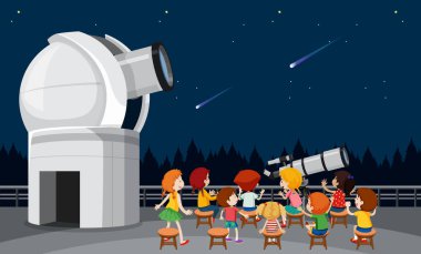 Astronomi teması çocukların yıldız resimlerine bakması.