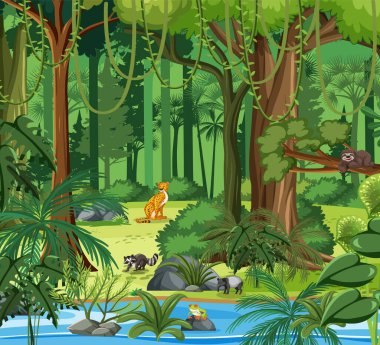 Çeşitli vahşi hayvan örnekleriyle dolu orman sahnesi