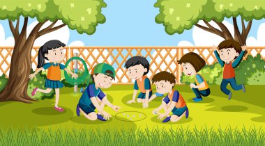 Parktaki resimde kriko taşı oynayan çocuklar