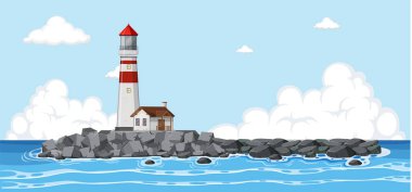Deniz feneri adanın ortasında, deniz resimlerinin ortasında.
