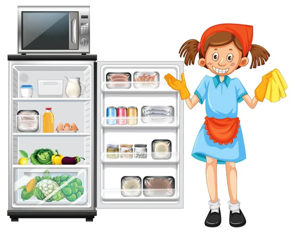 Buzdolabında bir sürü yiyecek ve hizmetçi illüstrasyonu var.