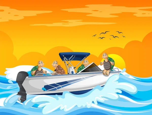 Ocean Scen Med Grupp Sköldpaddor Motorbåt Illustration — Stock vektor