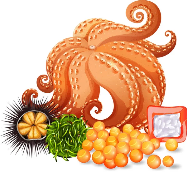 Seafood Cartoon Set White Background Illustration — Stock Vector