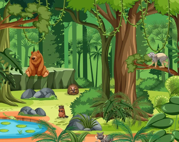 Scène Forestière Avec Illustration Animaux Sauvages — Image vectorielle