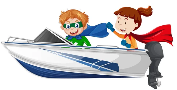 Hero Boy Girl Sitting Speed Boat White Background Illustration — Vettoriale Stock