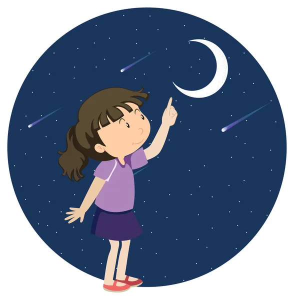 Girl Pointing Finger Moon Illustration — ストックベクタ