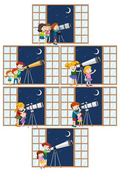 Set Van Verschillende Kinderen Observeren Nachtelijke Hemel Met Telescoop Illustratie — Stockvector