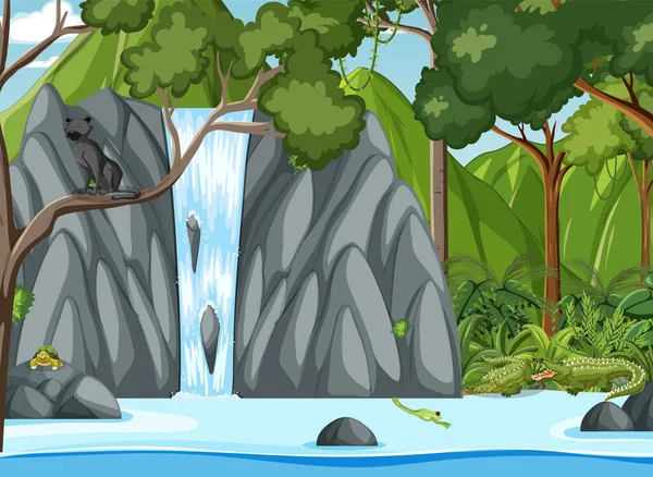 Empty Forest Environment Waterfall Illustration — Archivo Imágenes Vectoriales