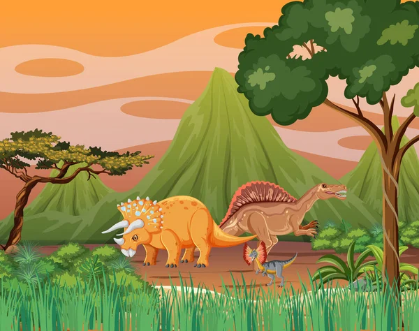 Natura Scena Drzewami Górach Dinozaurami Ilustracja — Wektor stockowy