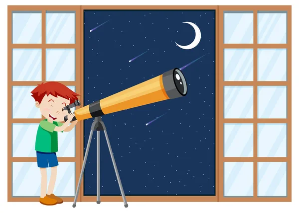 Хлопчик Спостерігає Нічне Небо Ілюстрацією Телескопа — стоковий вектор