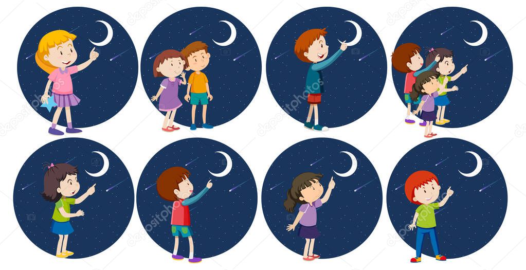 Set of different kids looking at the moon illustration