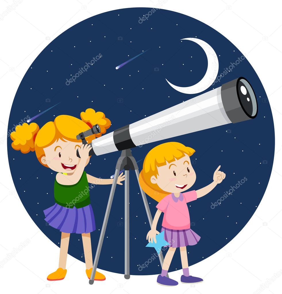 Little girls looking through telescope at night illustration
