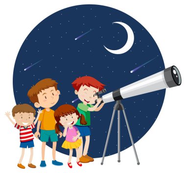 Mutlu çocuklar gece gökyüzünü teleskopla izlerler.