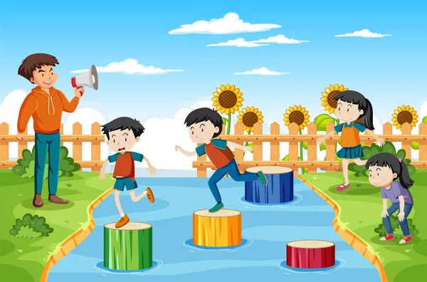 Spielplatz Trittstumpf Mit Kindern Illustration — Stockvektor