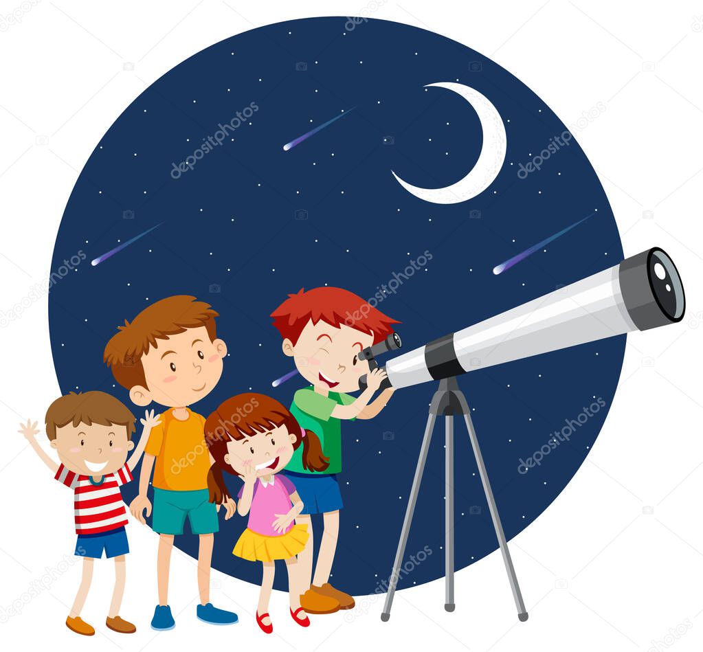 Happy kids observe night sky with telescope illustration