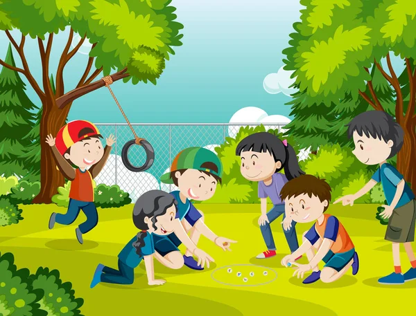 Outdoor Park Mit Kindern Spielen Murmeln Illustration — Stockvektor