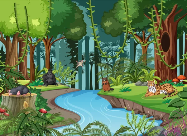 Wild Animals Cartoon Characters Forest Scene Illustration — Stock Vector