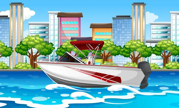 River City Scen Med Motorbåt Illustration — Stock vektor