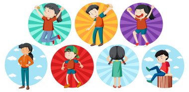 Farklı aktif çocuklar basit çizgi film karakteri çizimi