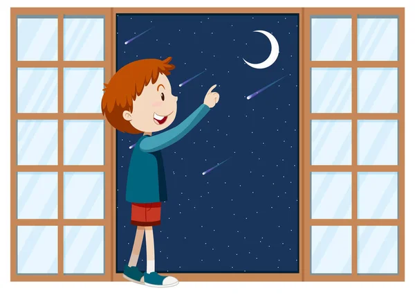 Ragazzo Che Punta Dito Verso Illustrazione Della Luna — Vettoriale Stock