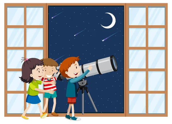 Kids Observe Night Sky Telescope Illustration — ストックベクタ
