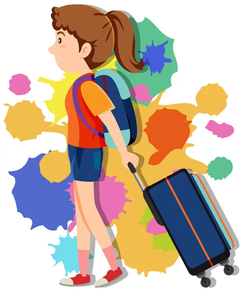 Κορίτσι Τραβώντας Αποσκευές Πολύχρωμο Φόντο Εικονογράφηση — Διανυσματικό Αρχείο