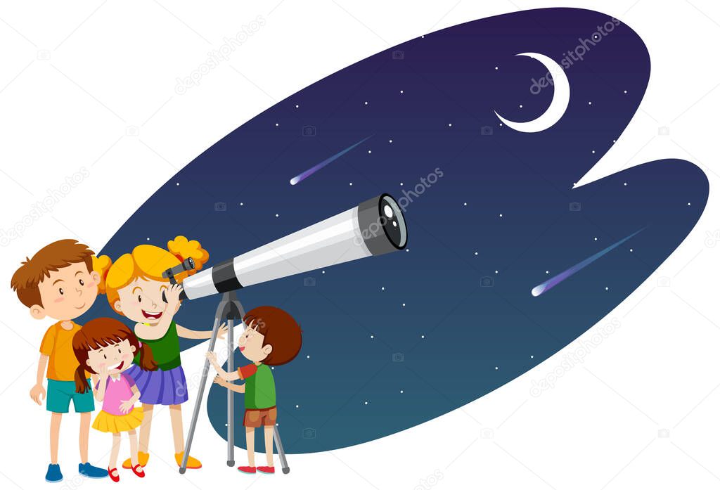 Astronomy theme with kids looking at stars illustration